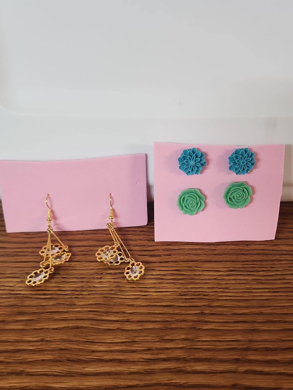 Gold Floral Drop Earrings & Blue Green Resin Flower Earrings